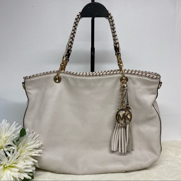 Michael Kors MK Purse Leather Hobo Bag Weave Strap Gold Hardware Cream Large - Picture 1 of 11